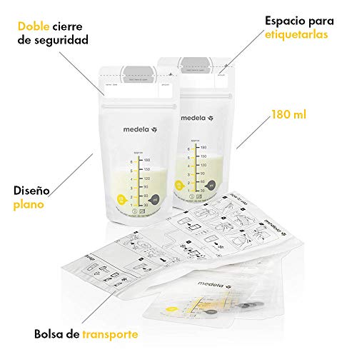 Medela pack de bolsas de almacenamiento de leche materna de 180 ml - Paquete de 25 bolsas de recogida de leche materna sin BPA con doble cierre, de congelación y descongelación rápida