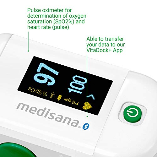 Medisana PM 100 Connect Oxímetro de pulso medición de la saturación de oxígeno en la sangre, para el dedo con pantalla OLED con la aplicación VitaDock+ y el Bluetooth (79456)