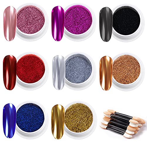 MELLIEX 8 Colors Efecto Espejo para Uñas, Metalicas Cromo en Polvo para Uñas Polvo Acrilico Para Uñas, con 16 Piezas Palos de Sombra de Ojos