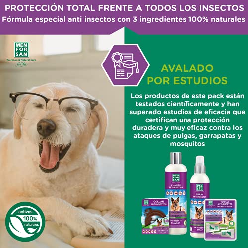 MENFORSAN Pack de 4 Productos antiparasitarios para Perros, Contiene Cuatro Productos repelentes: Collar, Champú, Spray y Dos Unidades de pipetas Anti Insectos, Combate Cualquier Insecto