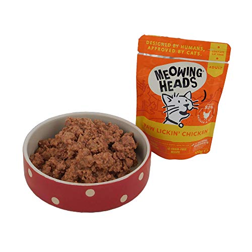 Meowing Heads Comida Húmeda para Gatos - Paw Lickin' Chicken - Pollo y ternera sin aromas artificiales, 93% Natural, Receta sin cereales (10 x 100 g)