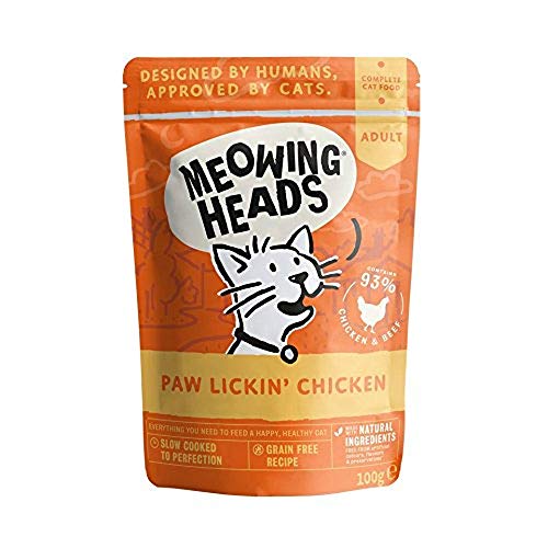 Meowing Heads Comida Húmeda para Gatos - Paw Lickin' Chicken - Pollo y ternera sin aromas artificiales, 93% Natural, Receta sin cereales (10 x 100 g)