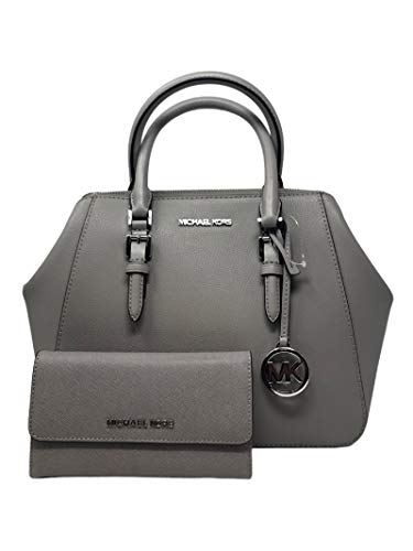 MICHAEL KORS Charlotte Large Satchel Shoulder Handbag Crossbody Grey Leather Bundled with Trifold Wallet and Removable Silk Scarf