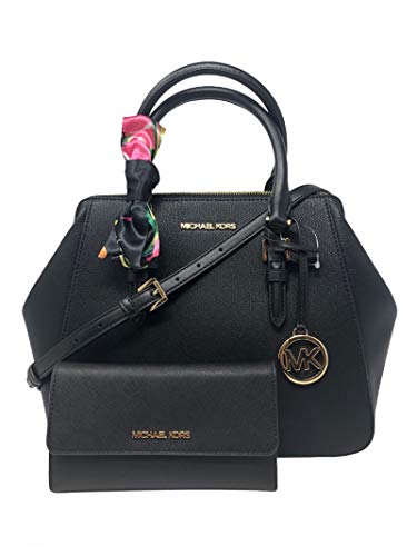 MICHAEL KORS Charlotte Large Satchel Shoulder Handbag Crossbody Leather Bundled with Wallet and Removable Silk Skinny Scarf (Black Gold Hardware)