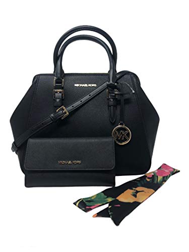 MICHAEL KORS Charlotte Large Satchel Shoulder Handbag Crossbody Leather Bundled with Wallet and Removable Silk Skinny Scarf (Black Gold Hardware)