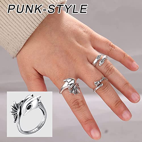 MILACOLATO Open Vintage Punk Anillos para Mujeres Hombres Cool Anillos Ajustables Set Snake Dragon Anillos Joyería Gótica Plata/Negro Anillos Set