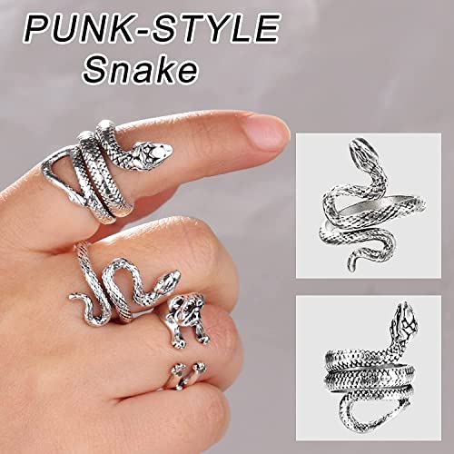 MILACOLATO Open Vintage Punk Anillos para Mujeres Hombres Cool Anillos Ajustables Set Snake Dragon Anillos Joyería Gótica Plata/Negro Anillos Set