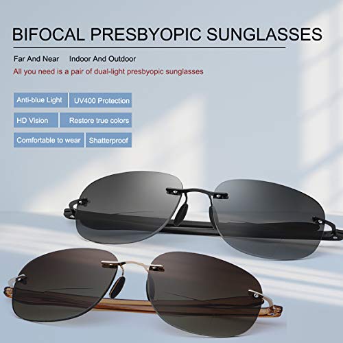 MIRYEA Lectores de sol bifocales sin montura unisex Gafas de lectura Protección UV400 Gafas de sol deportivas Bloqueo de luz azul Gafas ligeras para hombres y mujeres Anteojos de seguridad