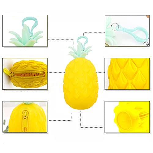 Monederos Silicona Kawaii Cartera de Piña de Frutas Monedero Mini Silicona Cartera de Cremallera con Cremallera de Piña Cartera para Llaves, Auriculares, Pintalabios y Set de Papel (Amarillo, Morado)