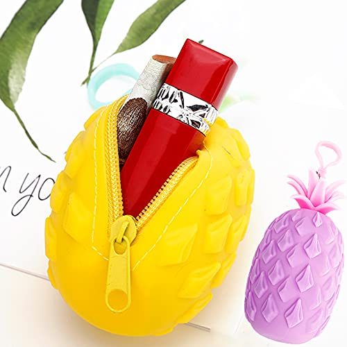 Monederos Silicona Kawaii Cartera de Piña de Frutas Monedero Mini Silicona Cartera de Cremallera con Cremallera de Piña Cartera para Llaves, Auriculares, Pintalabios y Set de Papel (Amarillo, Morado)