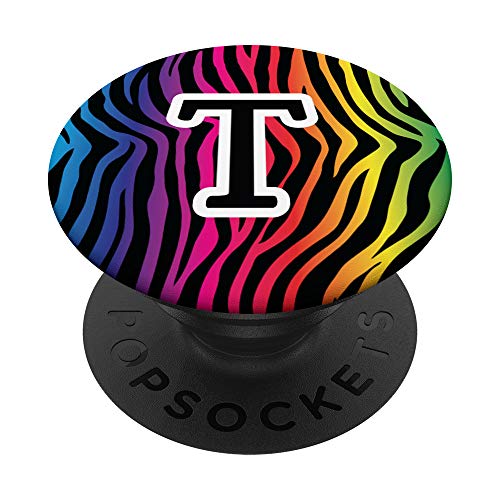 Monograma inicial letra T cebra arcoíris negro animal print PopSockets PopGrip Intercambiable