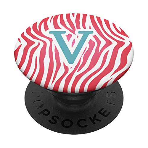 monograma inicial letra V cebra rosa verde azulado animal print PopSockets PopGrip Intercambiable