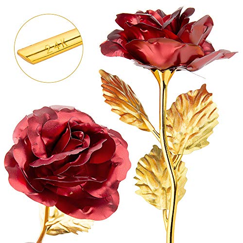 MOOKLIN ROAM Rosa, 24K Chapado en Oro Rosa Flores Artificiales con Caja de Regalo y Base, para San Valentín, Día de la Madre, Aniversario, Boda, Cumpleaños,decoración del hogar (Rojo)