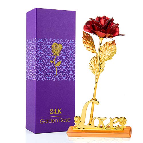 MOOKLIN ROAM Rosa, 24K Chapado en Oro Rosa Flores Artificiales con Caja de Regalo y Base, para San Valentín, Día de la Madre, Aniversario, Boda, Cumpleaños,decoración del hogar (Rojo)