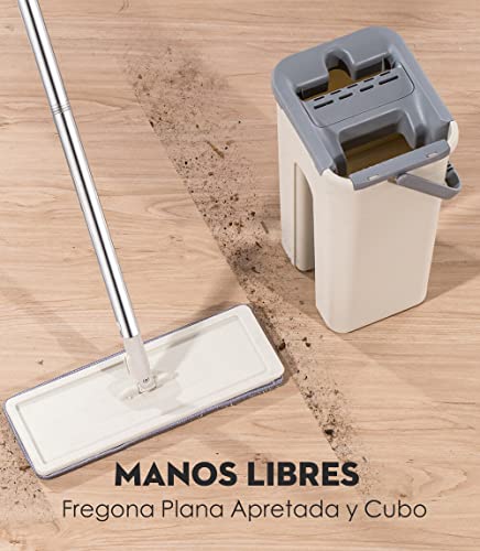 Mopa Limpieza Suelo [DOBLE FUNCION] MultiFuncional 360, Cubo Escurre y Empapa. Almohadilla Microfibra. Mango Inoxidable y Retráctil. Tarima Madera Parquet Gress Mármol Limpieza Suelo y Hogar