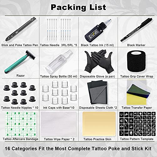 Moricher Hand Stick and Poke Tattoo Kit - Stick n Poke Kit Complete DIY Tattoo Kit Home Tattoo Kit with Ink Tatttoo Needle Accessories for Tattoo Makeup Supplies 16 items