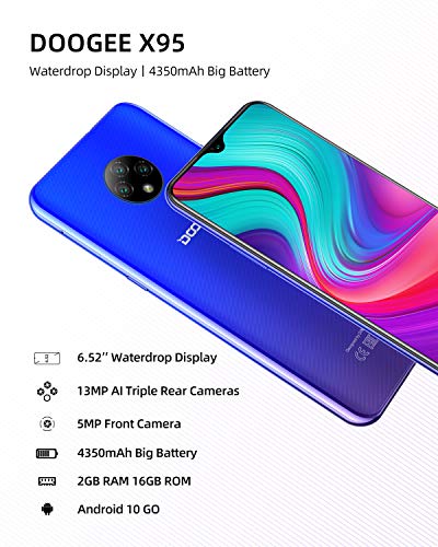 Moviles Libres Baratos 4G, DOOGEE X95 Android 10 Smartphone Libre, Pantalla 6,52 Pulgadas, 4350mAh Batería, Smartphone Barato Dual SIM, Triple Cámara 13MP+5MP, 16GB ROM, 128GB SD, Face ID - Azul