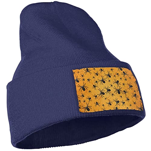 MSJS Spiders On Orange Webs Pattern Unisex Adulto Knit Beanie para hombres y mujeres, gorro cálido y holgado de calavera, azul marino, Taille unique