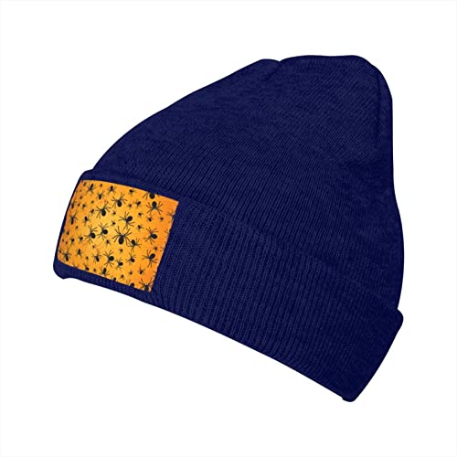 MSJS Spiders On Orange Webs Pattern Unisex Adulto Knit Beanie para hombres y mujeres, gorro cálido y holgado de calavera, azul marino, Taille unique