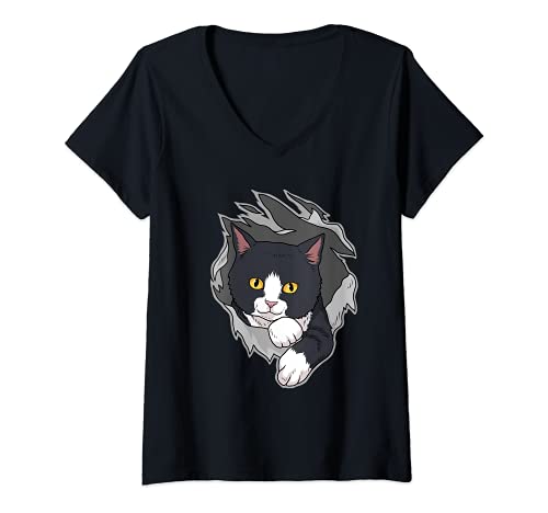 Mujer Propietario de Gato Tuxedo Mujer Gatito Tuxedo Camiseta Cuello V