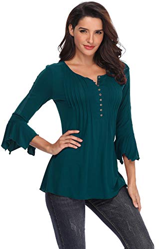 Mujeres Camisas y Blusas para Damas Casuales Tops Mangas 3/4 Campana Moda Acampanado Cuello Redondo Placet Frontal Delantero Botones Fruncidos de Las Señoras Elegantes