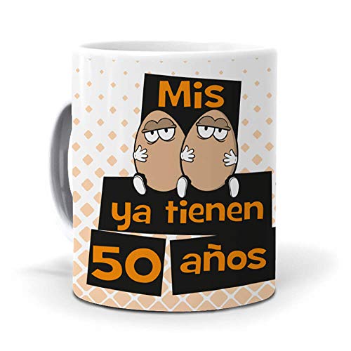 mundohuevo Super Regalo Personalizado para 50 cumpleaños Hombre. Mis Huevos ya Tienen 50 años. Taza, libreta, boli y Trio de Calcetines