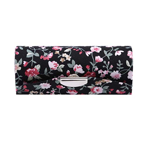 N-brand PULABO - Estuche para pintalabios, diseño retro de flores bordadas, con espejo, brillo de labios, caja para joyas, color negro