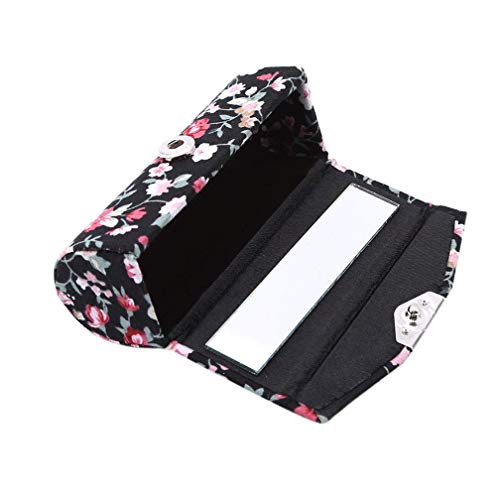 N-brand PULABO - Estuche para pintalabios, diseño retro de flores bordadas, con espejo, brillo de labios, caja para joyas, color negro