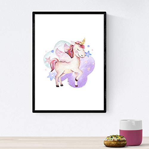 Nacnic Poster con ilustración de Animal. Lámina con imágenes Infantiles de Animales. Unicornio con Estrellas. Tamaño A4 sin Marco