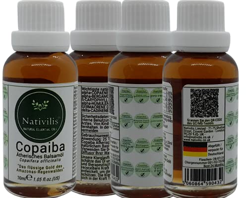 Nativilis Copaiba bálsamo aceite esencial (Copaifera officinalis) - Dolor muscular y articular - Antienvejecimiento Acné Dermatitis Melasma Venas varicosas Aceite de aromaterapia 30ML