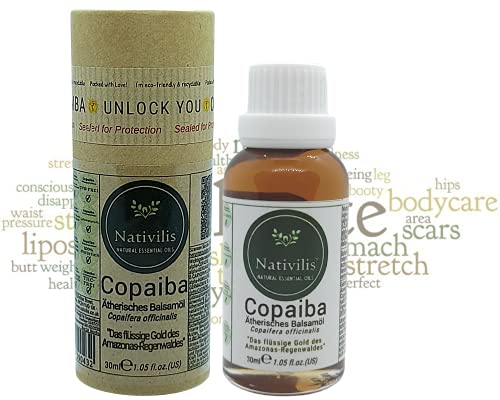 Nativilis Copaiba bálsamo aceite esencial (Copaifera officinalis) - Dolor muscular y articular - Antienvejecimiento Acné Dermatitis Melasma Venas varicosas Aceite de aromaterapia 30ML