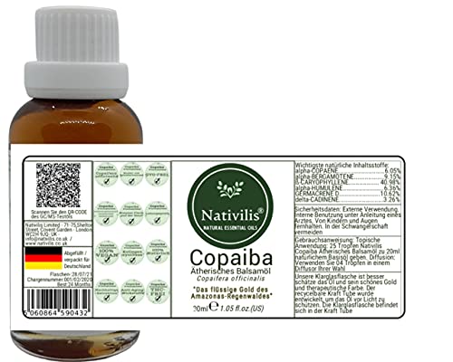 Nativilis Copaiba bálsamo aceite esencial (Copaifera officinalis) - Dolor muscular y articular - Antienvejecimiento Acné Dermatitis Melasma Venas varicosas Aceite de aromaterapia 30ML