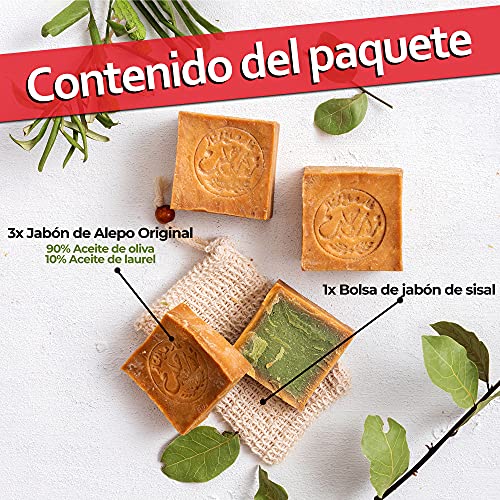 Natura Germania® 3x aprox. 200 g de jabón de Alepo original 90% aceite de oliva / 10% aceite de laurel + bolsitas de jabón de sisal | Jabón de cuajada, jabón de ducha, jabón natural, champú sólido