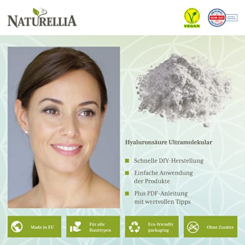 Naturellia 10g Ácido Hialurónico Vegano en Polvo Puro Ultramolecular Altamente Dosificado para la Elaboración de Cremas Cosméticas de Suero DIY y Adecuado para la Ingestión