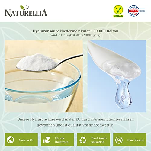 Naturellia 10g Ácido Hialurónico Vegano en Polvo Puro Ultramolecular Altamente Dosificado para la Elaboración de Cremas Cosméticas de Suero DIY y Adecuado para la Ingestión