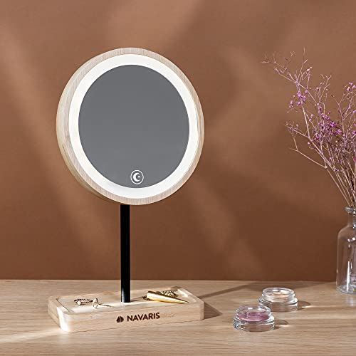 Navaris Espejo de Maquillaje con luz - Espejo Redondo de bambú con Luces LED Regulables - para baño Mesa tocador camerino - con Base para Accesorios