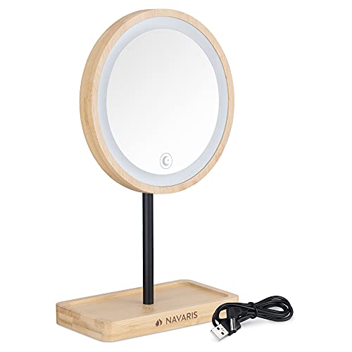 Navaris Espejo de Maquillaje con luz - Espejo Redondo de bambú con Luces LED Regulables - para baño Mesa tocador camerino - con Base para Accesorios