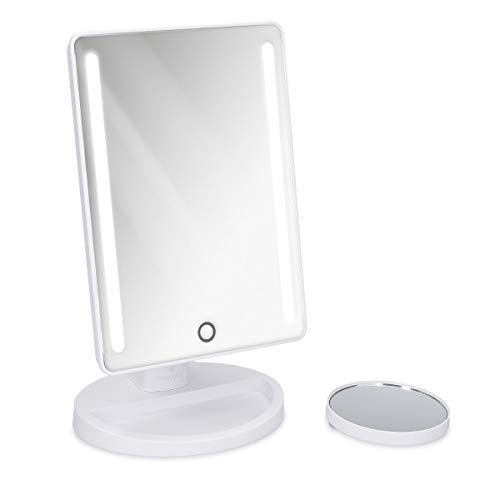 Navaris Set de Espejos de Maquillaje con luz LED - Espejo cosmético Giratorio 2 en 1 Incluye uno de Aumento de 10x extraíble - 16 Luces LED - Blanco