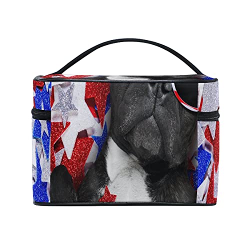 Neceser de Maquillaje Grande para Mujer con diseño de Bulldog francés Que agita una Bandera de Estados Unidos y la Victoria o con asa Superior portátil, Neceser de Viaje para Mujeres y niñas, 9 x 6,2