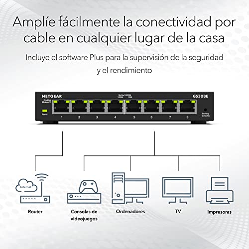 NETGEAR Switch Ethernet de 8 puertos GS308E, Switch Gigabit Smart Plus, hub Ethernet metálico de sobremesa, negro