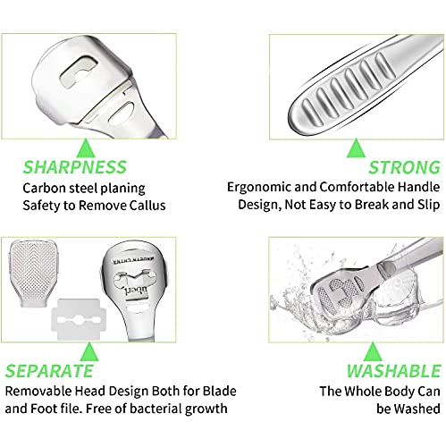 Nincee - Lima de acero inoxidable para el cuidado de los pies, pedicura, cortacallos con caja de acero inoxidable, cabezales de lima y 10 cuchillas de repuesto
