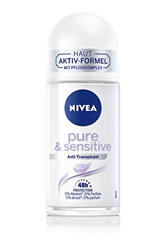 NIVEA Desodorante Roll-On Pure & Sensitive (50 ml), desodorante con protección antitranspirante de 48 horas para pieles sensibles, desodorante nutritivo sin quemaduras, enrojecimiento e irritación