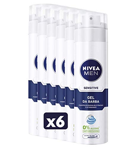 NIVEA Men Sensitive Gel Barba - 6 paquetes de 200 ml - Protección contra irritos y enrojecimientos, 0% alcohol