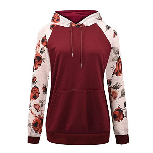 Niwicee Mujer Sudadera con Capucha Manga Larga Sweatshirt Elegant Estampado Floral Hoodie con Bolsillo Casual Otoño Primavera Mujer Tops (Vino Tinto, M)