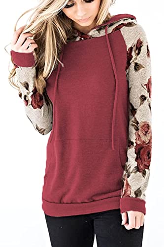 Niwicee Mujer Sudadera con Capucha Manga Larga Sweatshirt Elegant Estampado Floral Hoodie con Bolsillo Casual Otoño Primavera Mujer Tops (Vino Tinto, M)