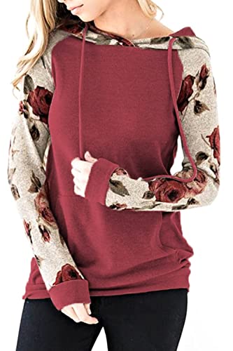 Niwicee Mujer Sudadera con Capucha Manga Larga Sweatshirt Elegant Estampado Floral Hoodie con Bolsillo Casual Otoño Primavera Mujer Tops (Vino Tinto, M)