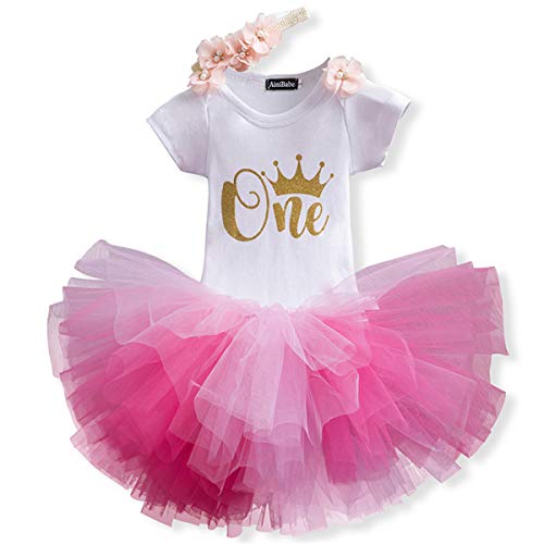 NNJXD Unicornio Arco Iris Tutú Primer Cumpleaños Trajes de 3 Piezas Mameluco + Falda + Diadema 1 Año B-Rosa