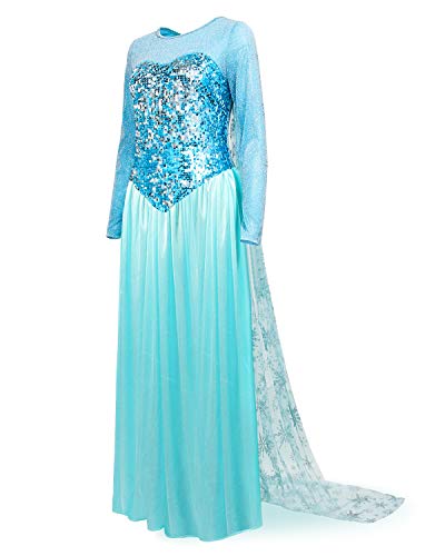 Nofonda Vestido Congelado, Vestido Largo Azul con Lentejuelas, Traje Falda Espléndido de la Princesa Elsa, Vestido Elegante para Mujer para Disfraces, Halloween, Cosplay, Carnaval (XL)