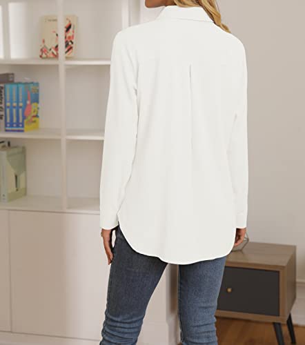 NONSAR Elegante blusa informal para mujer con cuello en V, manga larga y botones, estilo casual y de vestir, corte suelto, color liso, Blanco, M