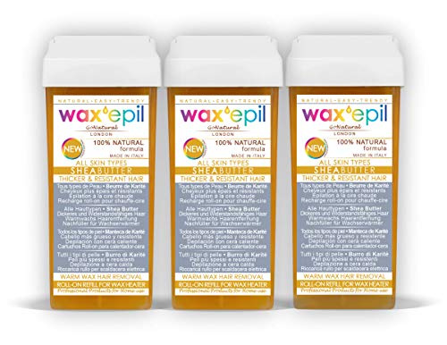 Nuevo! WAXEPIL"100% NATURAL" roll on cartuchos 3*MANTECA de KARITÉ * Todo Tipo De Piel, PELO MÁS GRUESO, MÁS OSCURO, RESISTENTE, Depilación cera tibia depilatoria rollon recarga – 3 roll-on recambios